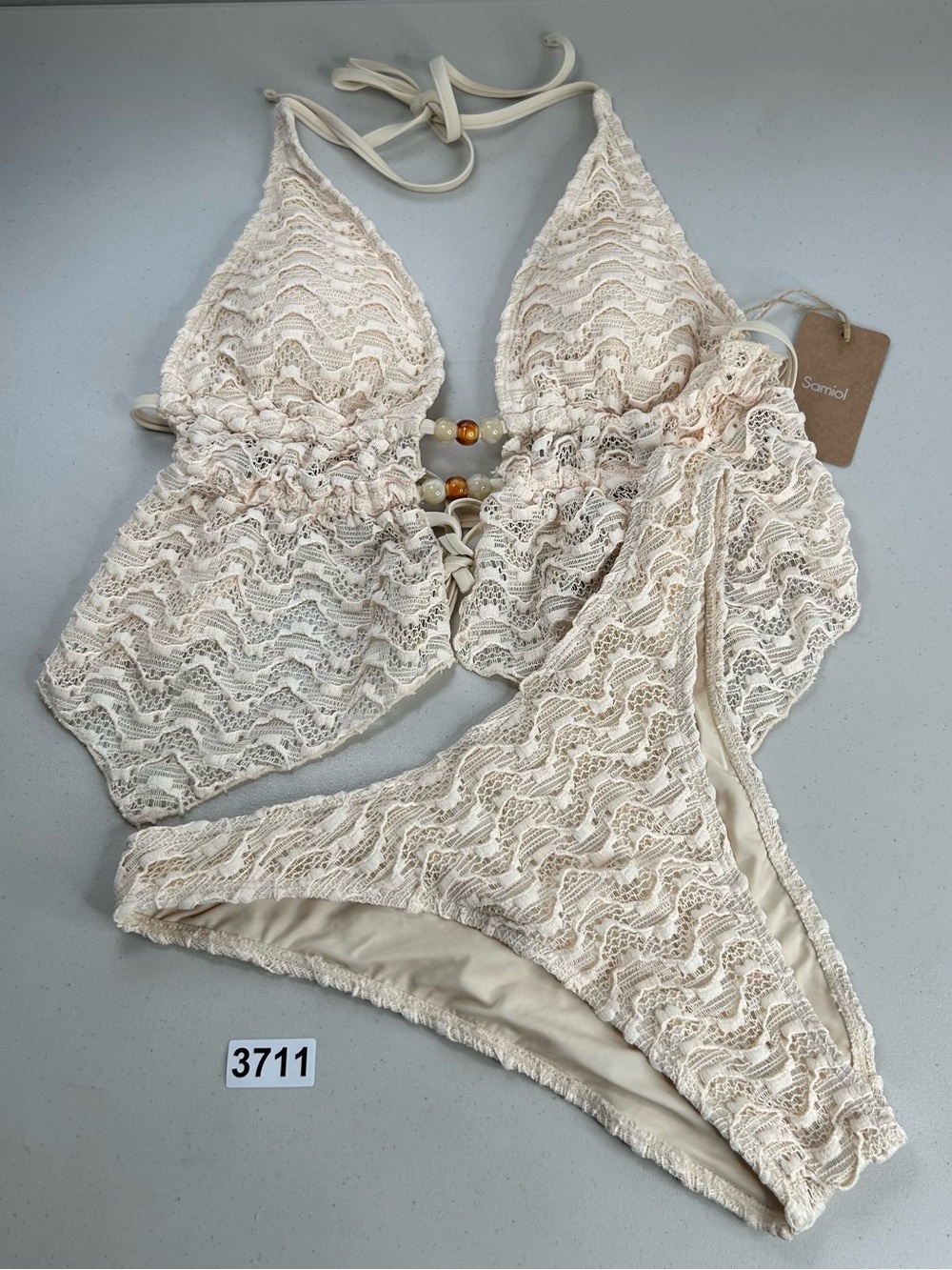 Samiol Large Apricot Beaded Textured Tankini Bikini Set New Halter